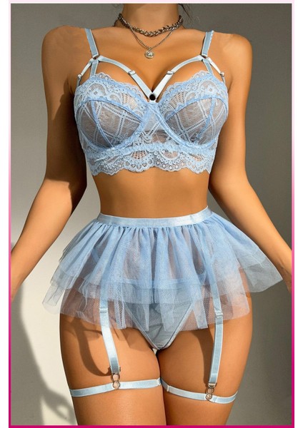 Dantelli Tül Etekli Askılı Iç Giyim Takımı – 3 Parça Set modelleri