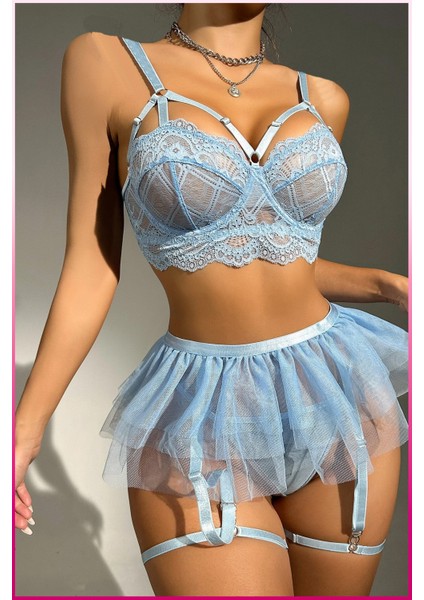 Dantelli Tül Etekli Askılı Iç Giyim Takımı – 3 Parça Set indirimleri