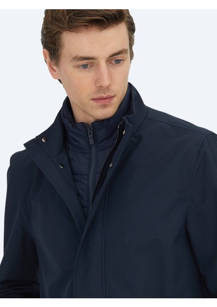 Lacivert Oversize Fit Kruvaze Yaka Casual Dokuma Pardesü