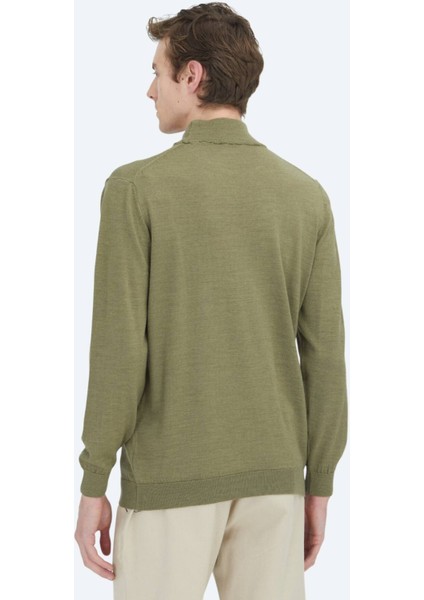Açık Yeşil Yarım Balıkçı Yaka Düz Örgü Yün Karışımlı Triko Kazak