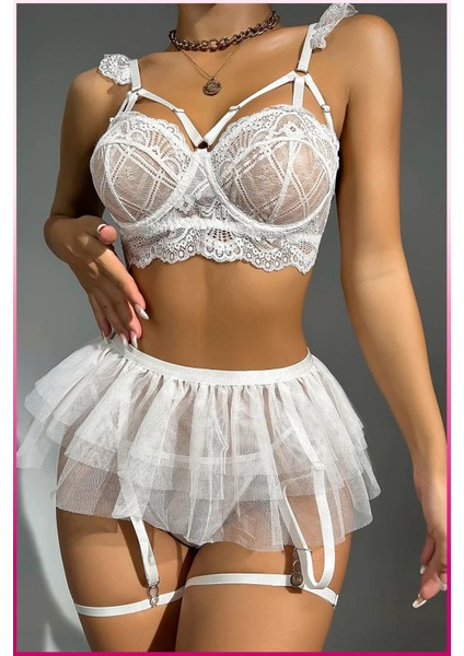 Dantelli Tül Etekli Askılı Iç Giyim Takımı – 3 Parça Set indirimleri