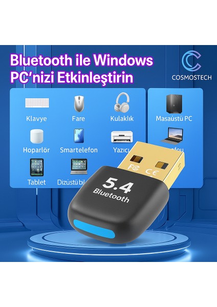 Bluetooth 5.4 USB Adaptör – Pc & Laptop Uyumlu | Tak-Çalıştır Dongle | Düşük Gecikme, Edr Kablosuz Alıcı Verici | Kulaklık, Klavye, Mouse ile Uyumlu modelleri