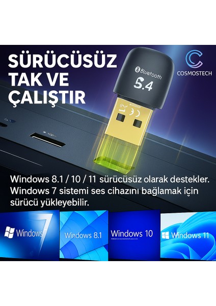 Bluetooth 5.4 USB Adaptör – Pc & Laptop Uyumlu | Tak-Çalıştır Dongle | Düşük Gecikme, Edr Kablosuz Alıcı Verici | Kulaklık, Klavye, Mouse ile Uyumlu indirimleri
