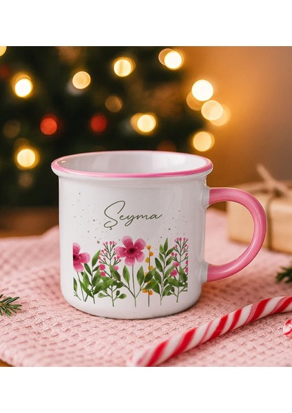 Kişiye Özel Çiçek Tasarımlı Pembe Emaye Kupa Bardak -6, Arkadaşa Hediye, Sevgiliye Hediye