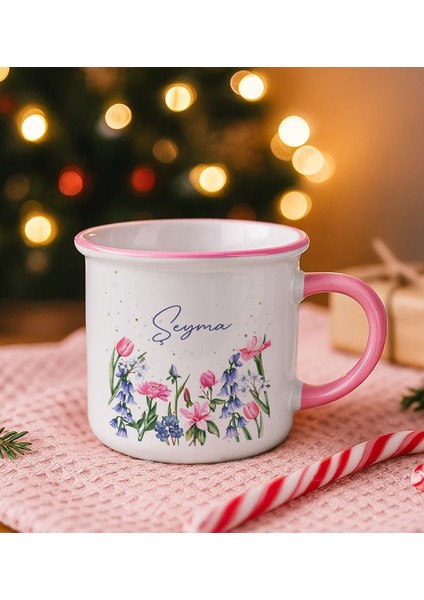 Kişiye Özel Çiçek Tasarımlı Pembe Emaye Kupa Bardak -2, Arkadaşa Hediye, Sevgiliye Hediye