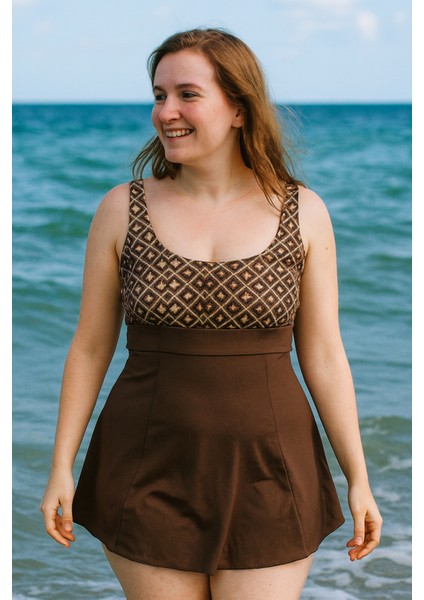 Etekli Elbise Mayo Yüzücü Mayo Desenli 335-452 Kahverengi fırsatları