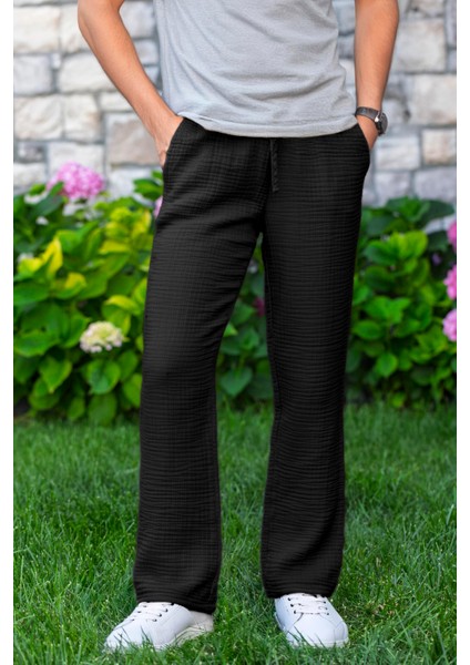 Beli Lastikli Multi Çift Cepli Müslin Kadın/erkek Unisex Yazlık Pantolon Siyah Syh