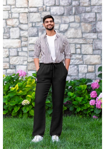 Beli Lastikli Multi Çift Cepli Müslin Kadın/erkek Unisex Yazlık Pantolon Siyah Syh fırsatları