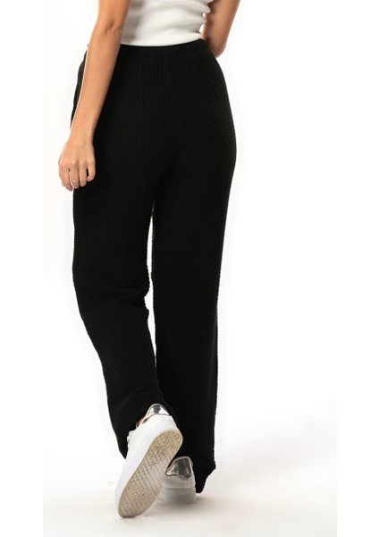 Beli Lastikli Multi Çift Cepli Müslin Kadın/erkek Unisex Yazlık Pantolon Siyah Syh