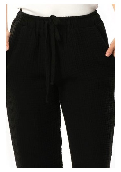Beli Lastikli Multi Çift Cepli Müslin Kadın/erkek Unisex Yazlık Pantolon Siyah Syh