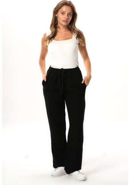 Beli Lastikli Multi Çift Cepli Müslin Kadın/erkek Unisex Yazlık Pantolon Siyah Syh