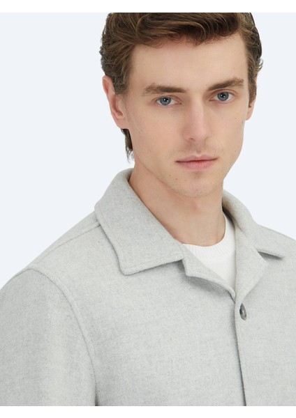 Gri Regular Fit Dokuma Yün Karışımlı Overshırt