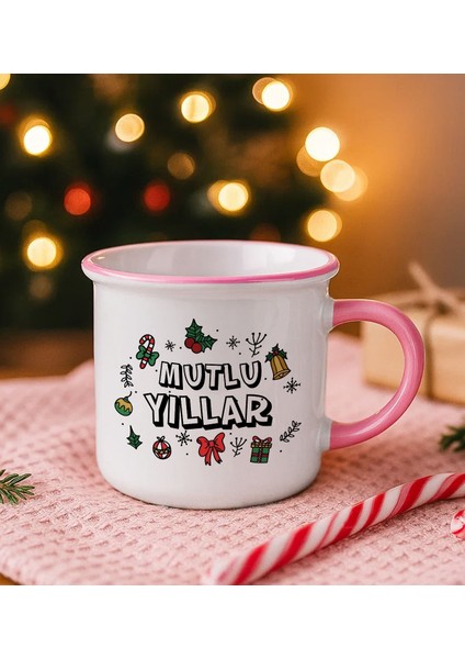 Kişiye Özel Yılbaşı Tasarımlı Pembe Emaye Kupa Bardak -2, Arkadaşa Hediye, Yeni Yıl Hediyesi
