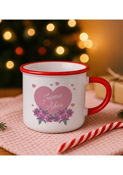 Kişiye Özel Çiçek Tasarımlı Kırmızı Emaye Kupa Bardak -20, Arkadaşa Hediye, Sevgiliye Hediye