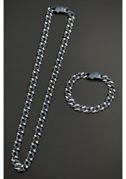 925 Ayar Gümüş Lacivert Zirkon Taşlı Füme Renk Erkek Bileklik/kolye Set FRJ12726-3726-L
