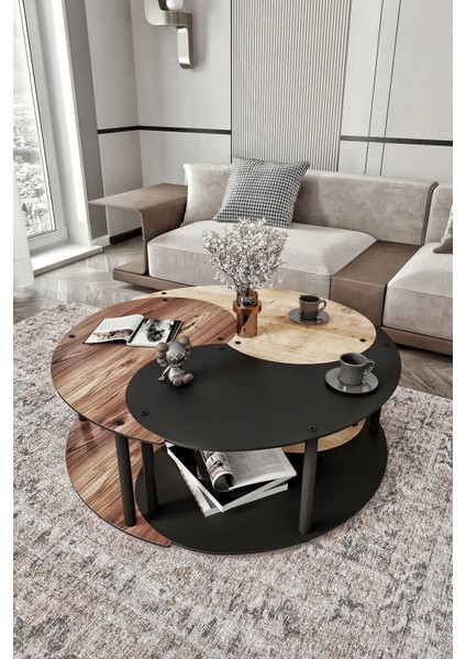 Yin Yang 3'lü Orta Sehpa Siyah Ceviz Meşe 90 cm