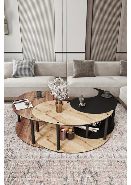 Yin Yang 3'lü Orta Sehpa Siyah Ceviz Meşe 90 cm modelleri