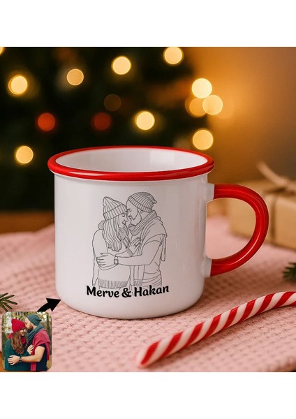 Kişiye Özel Isimli Line Art Çizimli Kırmızı Emaye Kupa Bardak -1, Arkadaşa Hediye, Sevgiliye Hediye