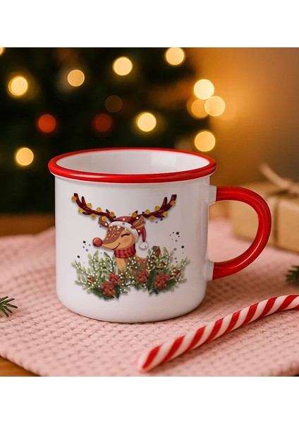 Kişiye Özel Yılbaşı Tasarımlı Kırmızı Emaye Kupa Bardak -3, Arkadaşa Hediye, Yeni Yıl Hediyesi