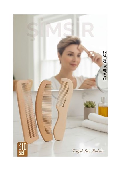 3 Lü Doğal Şimşir Ahşap Tarak Seti– 16 cm Anti-Statik Kepek Karşıtı ve El Yapımı