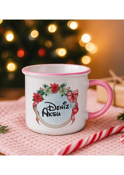 Kişiye Özel Isimli Yılbaşı Tasarımlı Pembe Emaye Kupa Bardak -5, Arkadaşa Hediye, Yeni Yıl Hediyesi