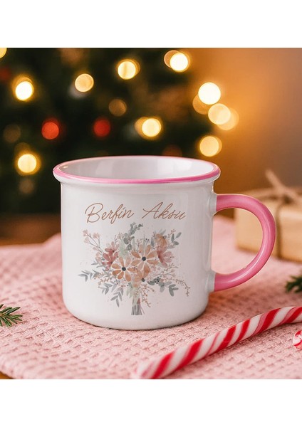 Kişiye Özel Çiçek Tasarımlı Pembe Emaye Kupa Bardak -19, Arkadaşa Hediye, Sevgiliye Hediye