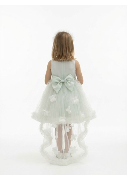 Kız Çocuk Askılı Inci ve Gül Detaylı Çıkabilen Kuyruklu Taç Hediyeli Monita Kız Çocuk Abiye Elbise 3-7 Yaş