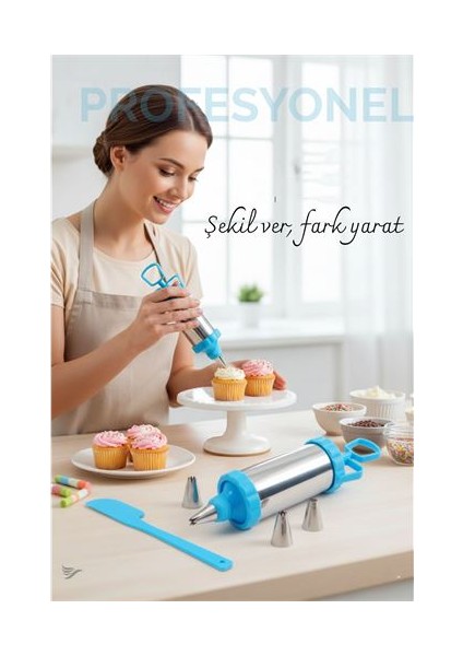 Krema Sıkma Pompası Paslanmaz Çelik – 3 Uçlu 20 cm Parti ve Pasta Dekorları Için Profesyonel Yardım