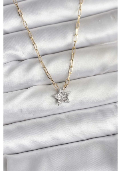 Pirinç Renk Zincirli Zirkon Taşlı Yıldız Kadın Kolye