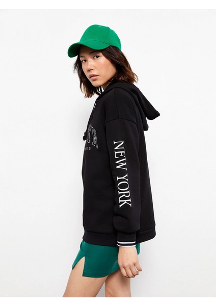 Lcw Vision Siyah Baskılı Kadın Kalın Hoodie