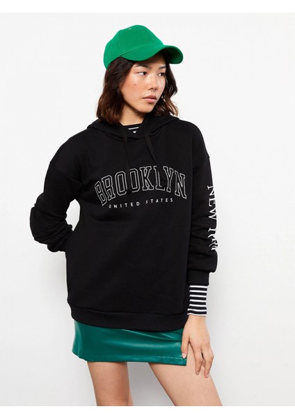 Lcw Vision Siyah Baskılı Kadın Kalın Hoodie fiyatları