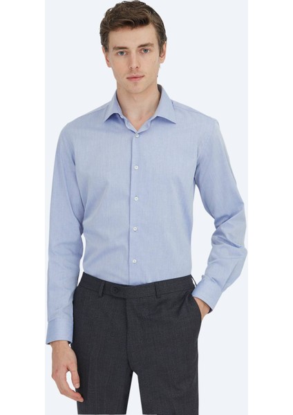 Açık Lacivert Regular Fit Dokuma Klasik Pamuk Karışımlı Gömlek fiyatları