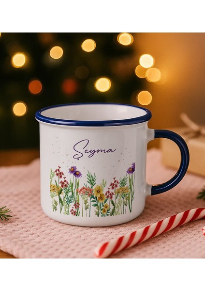 Kişiye Özel Çiçek Tasarımlı Lacivert Emaye Kupa Bardak -7, Arkadaşa Hediye, Sevgiliye Hediye