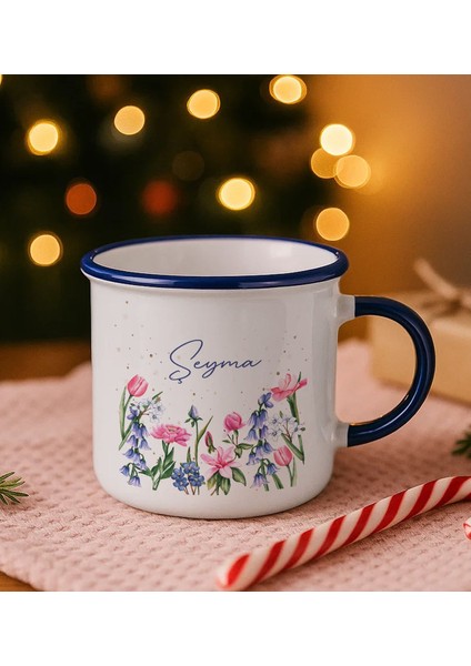 Kişiye Özel Çiçek Tasarımlı Lacivert Emaye Kupa Bardak -2, Arkadaşa Hediye, Sevgiliye Hediye