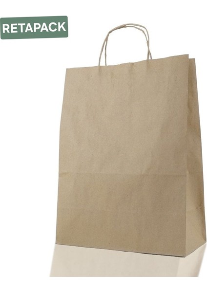 32X20X32 Burgulu Saplı 70GSM Recycle Kraft Kağıt Poşet 50 Adet