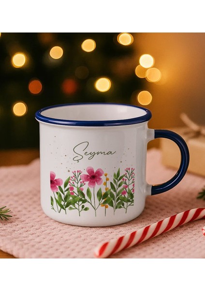 Kişiye Özel Çiçek Tasarımlı Lacivert Emaye Kupa Bardak -6, Arkadaşa Hediye, Sevgiliye Hediye