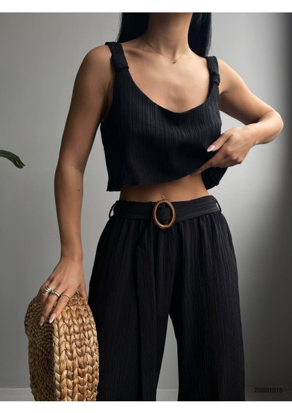 Lastik Belli Düz Kesim Pantolon Crop Takım