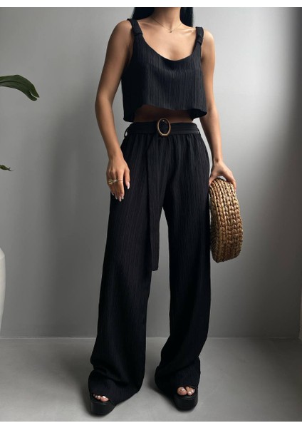 Lastik Belli Düz Kesim Pantolon Crop Takım fiyatları