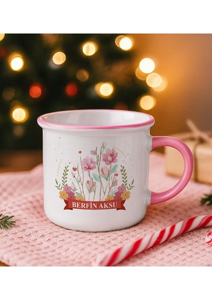 Kişiye Özel Çiçek Tasarımlı Pembe Emaye Kupa Bardak -16, Arkadaşa Hediye, Sevgiliye Hediye