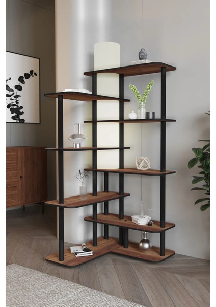 Cross Dekoratif Raflı Kitaplık Lambader Ceviz