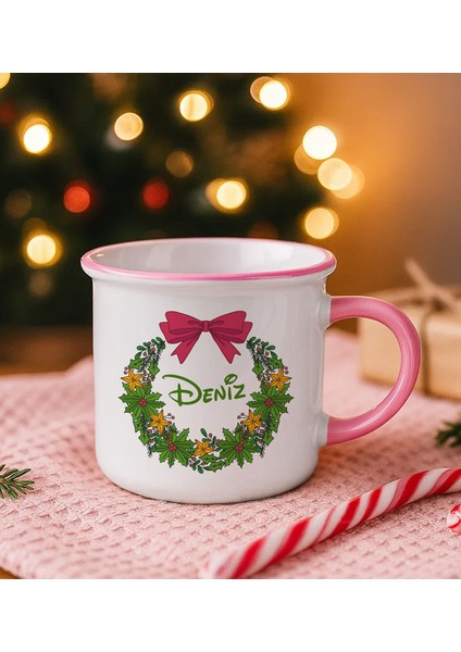 Kişiye Özel Isimli Yılbaşı Tasarımlı Pembe Emaye Kupa Bardak -6, Arkadaşa Hediye, Yeni Yıl Hediyesi