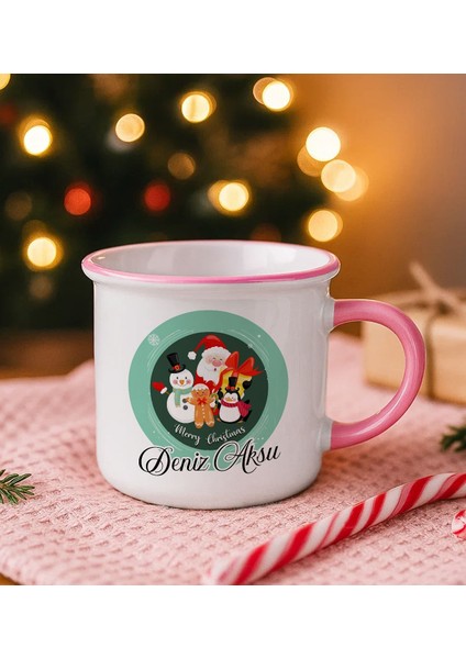 Kişiye Özel Isimli Yılbaşı Tasarımlı Pembe Emaye Kupa Bardak -2, Arkadaşa Hediye, Yeni Yıl Hediyesi