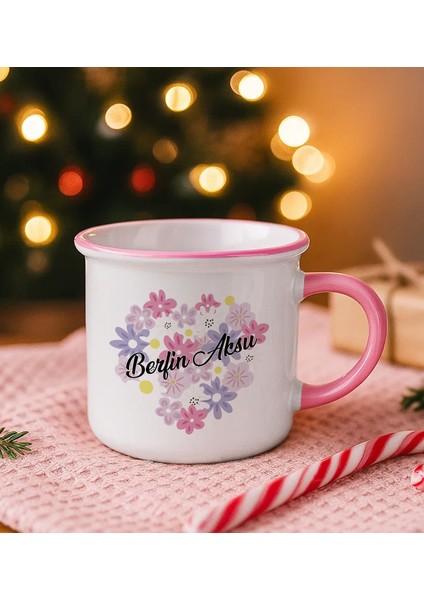 Kişiye Özel Çiçek Tasarımlı Pembe Emaye Kupa Bardak -17, Arkadaşa Hediye, Sevgiliye Hediye