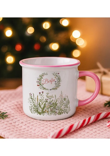 Kişiye Özel Çiçek Tasarımlı Pembe Emaye Kupa Bardak -13, Arkadaşa Hediye, Sevgiliye Hediye