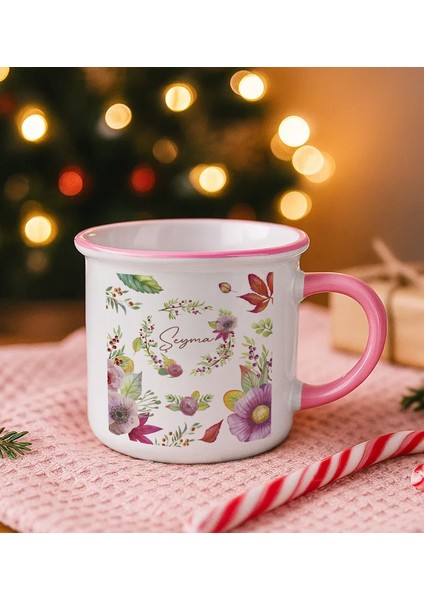 Kişiye Özel Çiçek Tasarımlı Pembe Emaye Kupa Bardak -1, Arkadaşa Hediye, Sevgiliye Hediye