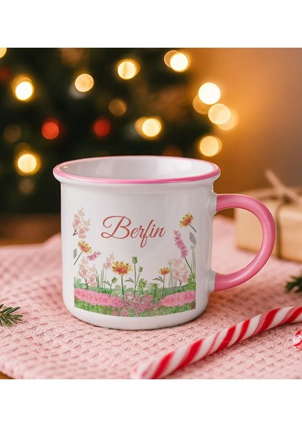 Kişiye Özel Çiçek Tasarımlı Pembe Emaye Kupa Bardak -14, Arkadaşa Hediye, Sevgiliye Hediye