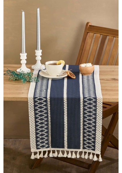 Rustique Lacivert Pamuk Masa Örtüsü Runner 35X145 cm