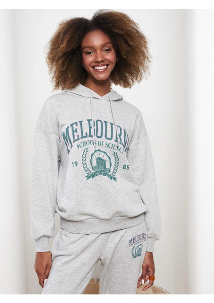 Lcw Vision Gri Kapüşonlu Baskılı Uzun Kollu Kadın Sweatshirt modelleri