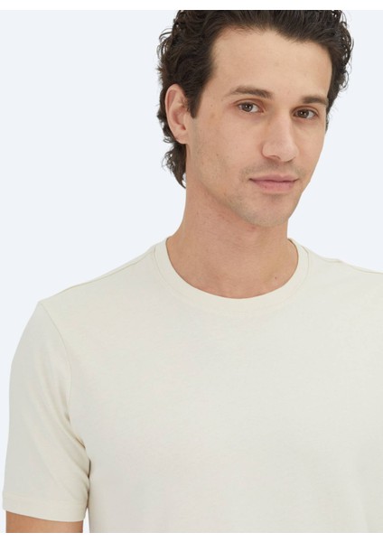 Ekru Düz Bisiklet Yaka %100 Pamuk T-Shirt
