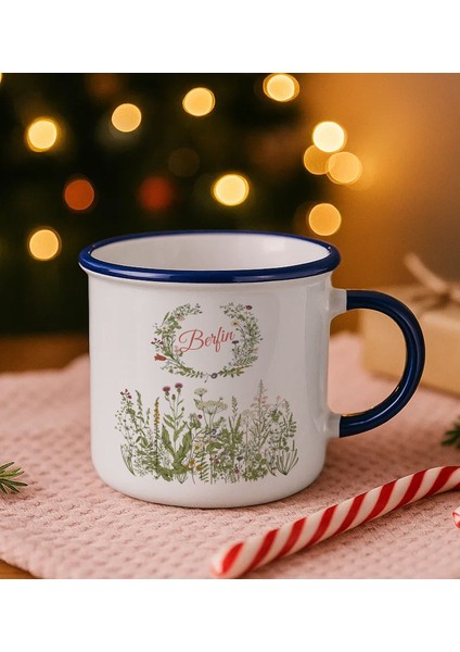 Kişiye Özel Çiçek Tasarımlı Lacivert Emaye Kupa Bardak -13, Arkadaşa Hediye, Sevgiliye Hediye